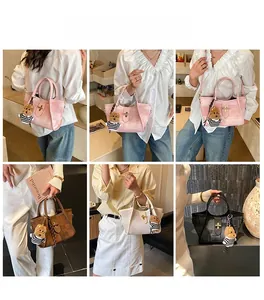 Collage of fashion tote bags with plush bear charms shown in various wearing styles