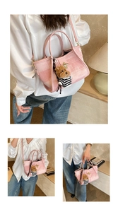 Pink canvas tote bag with leather straps and cute bear charm shown in various angles