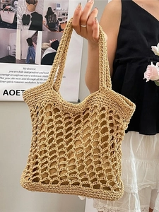 Borsa tote in paglia kaki fatta a mano all'uncinetto, borsa da spiaggia grande a spalla