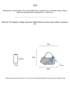 Size guide for floral PU leather crossbody dumpling bag with mobile phone comparison