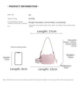 Size chart for cute cat crossbody bag showing dimensions and PU leather specifications