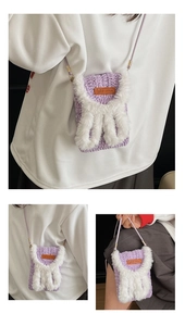 Macro shot of purple crochet crossbody bag with plush trim and handmade leather label