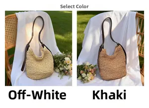 Handwoven straw tote bags in beige and khaki colors for beach vacation and summer style