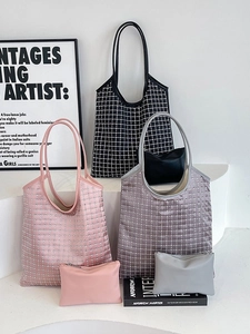 Women Rhinestone Grid Shoulder Bag Large Capacity PU Leather Underarm Bag Fashion Glitter Tote Bag Set With Pouch