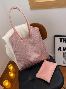Pink rhinestone mesh tote bag with matching mini pouch and elegant long handles