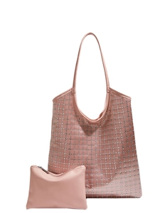 Pink rhinestone checkered tote bag set with matching inner pouch for women