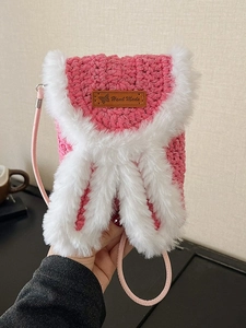 Handmade Plush Rabbit Ear Crossbody Bag For Women Cute Woven Knit Mobile Phone Bag Small Shoulder Bag Fashionable Daily Messenger Bag