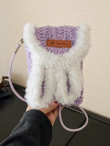 Chic purple knitted crossbody bag with white plush rabbit ears and handmade leather tag