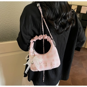 Pink plaid pleated handbag with pearl lace bow and cute embroidery close-up view