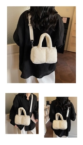 Three perspectives of a beige quilted puffer bag with adjustable wide strap and plush texture