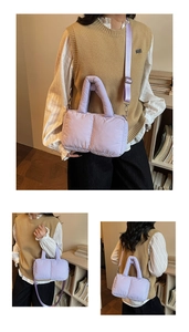 Close-up of light purple quilted puffer tote bag with soft padded handle and shoulder strap