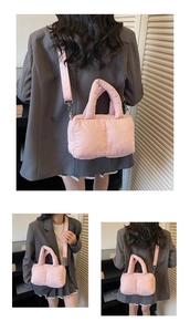 Multiple views of a pink quilted puffer handbag with a detachable shoulder strap