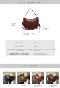 Detailed size specifications for the vintage hobo shoulder bag with metal rivet accents