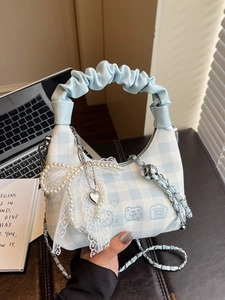 Blue plaid ruffled handbag with pearl lace bow and cute bear embroidery details