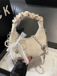 Chic pleated cream crescent handbag with pearl chain and cute animal embroidery