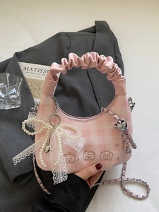 Pink checkered pleated handbag with pearl lace bow and cute metal charms