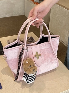 Women Fashion PU Leather Bucket Bag Checked Texture Handbag With Plush Pendant Retro Commuter Shoulder Crossbody Bag