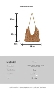 Detailed size chart for brown woven tote bag with tassels and shoulder strap dimensions
