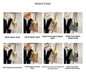 Detail view of woven crochet tote bags in eight colors and closure styles options