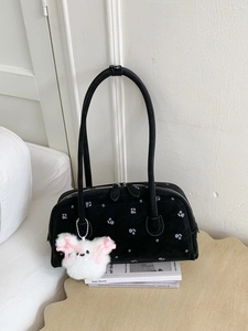 Women Floral Underarm Bag PU Leather Shoulder Bag With Plush Pendant Sweet Flower Print Daily Fashion Large Capacity Handbag