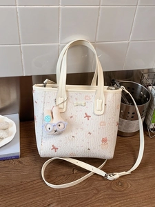 Cute Cartoon Printed PU Leather Bucket Bag For Women Fashion Crossbody Shoulder Bag With Rabbit Plush Charm Daily Handbag