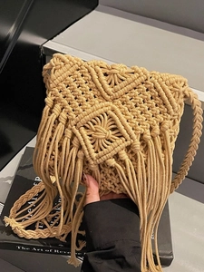 Bolso de Hombro Tejido Macramé Bohemio Hecho a Mano con Flecos y Borlas Bolso Bandolera para Mujer Vacaciones de Verano en la Playa