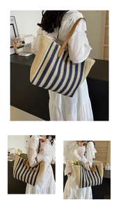 Close-up of blue and white striped straw tote with brown leather handles and interior space