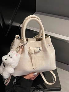 Vintage Plissierte Eimertasche Für Damen PU Leder Umhängetasche Mit Kleinem Beutel Und Plüschhund Anhänger Pendler Handtasche