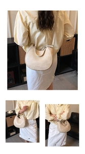 Three-way view of a cream beige saddle bag worn as a shoulder and crossbody bag