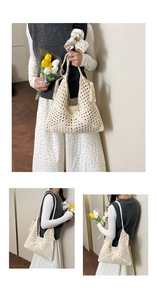 Detailed close-up of cream woven tote bag featuring hollow geometric patterns and tassels