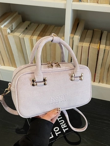 Chic light purple suede Boston bag with gold hardware and adjustable strap for women