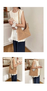Detailed macro view of khaki woven texture and boho tassel on large straw tote bag