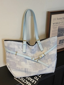 Minimalist large capacity tote bag with light blue abstract print and leather shoulder straps