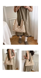 Detailed views of handmade crochet hobo bag with geometric floral patterns and tassels