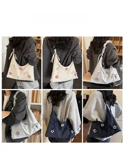Detail view of floral bow tote bags in various patterns with a high-capacity design