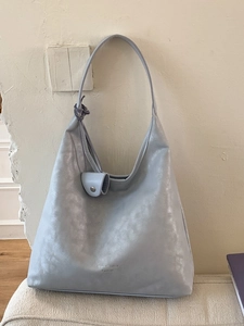 Minimalist light grey large capacity tote bag with metallic faux leather and shoulder strap
