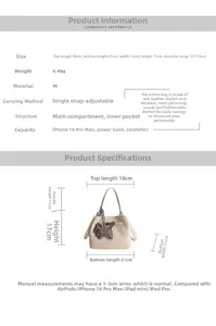 Detail view of cream PU bucket bag with interior capacity and specific size measurements