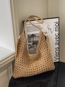 Chic khaki woven knit tote bag with tassel straps and hollow pattern for women
