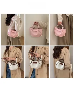 Detailansichten von Kordelzug-Beuteltaschen in Rosa und Beige an weiblichen Models
