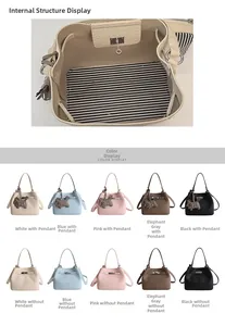 Detailed interior view of bucket bag with striped lining and multi-color product display