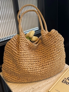 Borsa Tote in Paglia Intrecciata da Donna Grande Capacità Estate Spiaggia Vacanza Borsa a Spalla Fatta a Mano Sottoascellare Beige Cachi