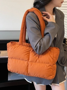 Quilted puffy tote bag in vibrant orange, large capacity shoulder bag for women style