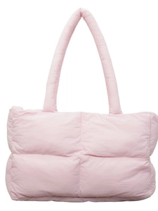 Pink quilted puffer tote bag with padded handles and large capacity design for women