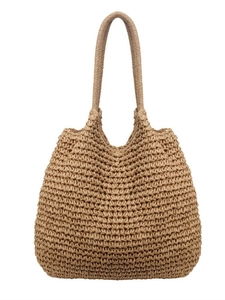 Grande borsa tote in paglia intrecciata con manici rotondi per vacanze al mare