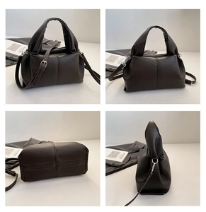 Multi-angle views of dark brown lychee texture leather handbag with detachable strap