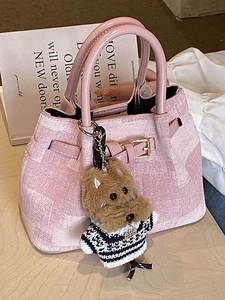 Vintage Nische Mini Eimertasche Für Damen Mode Plaid PU Leder Umhängetasche Mit Süßem Plüschanhänger Vielseitige Handtasche