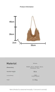 Detailed size chart for woven tote bag with fringe accents and exact measurements