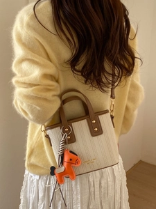 Chic beige and brown bucket bag with vertical stripes and a cute horse charm