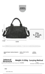 Detailed size and structure chart of a retro boston shoulder bag with dimensions