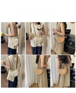 Detail shots of handwoven half-moon straw crossbody bag with brown adjustable leather strap